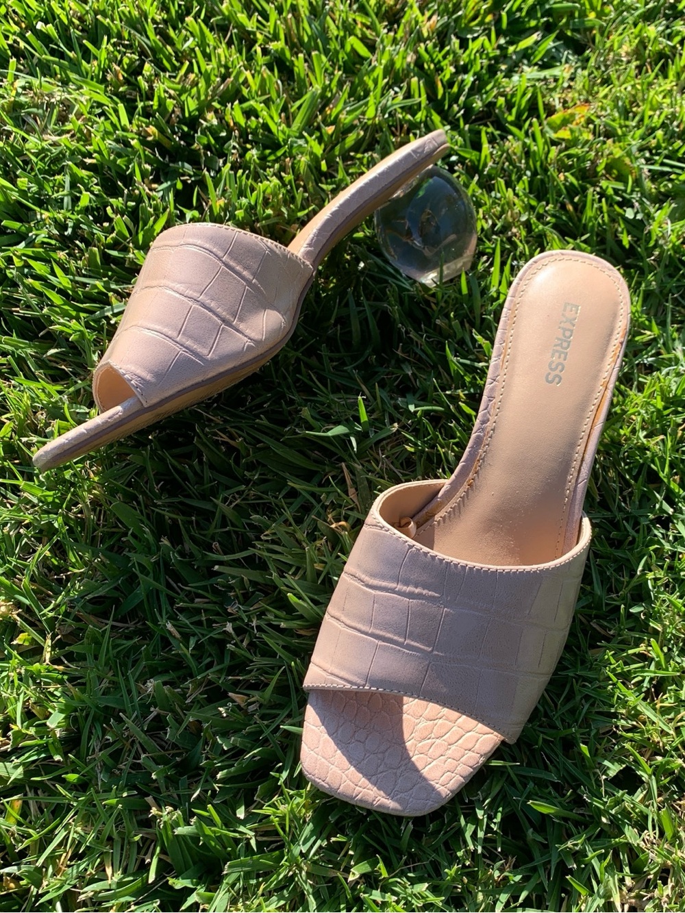 Express Nude Croc Embossed Mule Sandals with Crystal Ball Heel